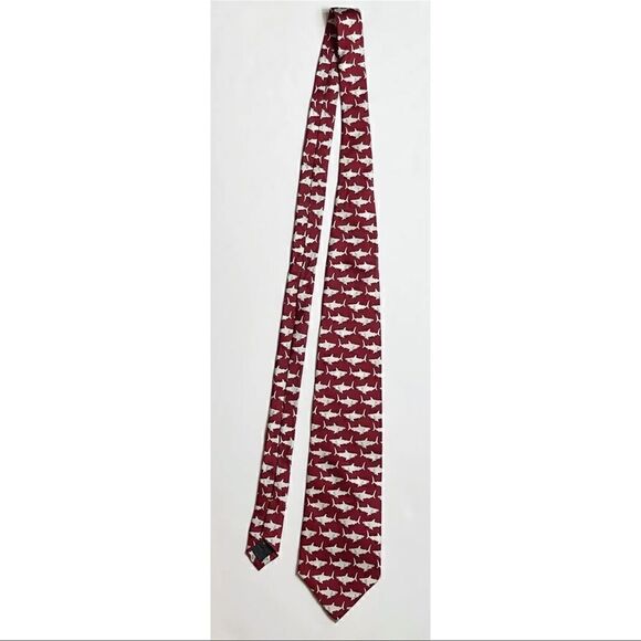 Josh Bach Necktie 100% Silk Red White Sharks Science Fisherman Ocean - Picture 2 of 7